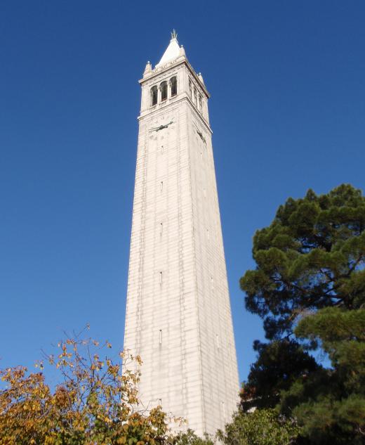 Sather Tower at the University of California, Berkeley. Credit for the discovery of Seaborgium is generally given to a team of University of California, Berkeley, researchers.