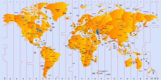 A global map of time zone divisions, each of which is roughly 15 degrees of longitude wide.