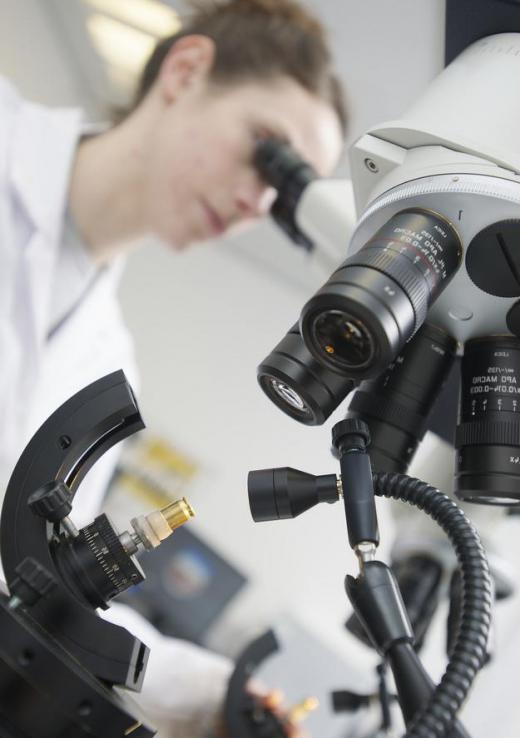 A microscope's objective lenses are mounted on a revolving nosepiece.